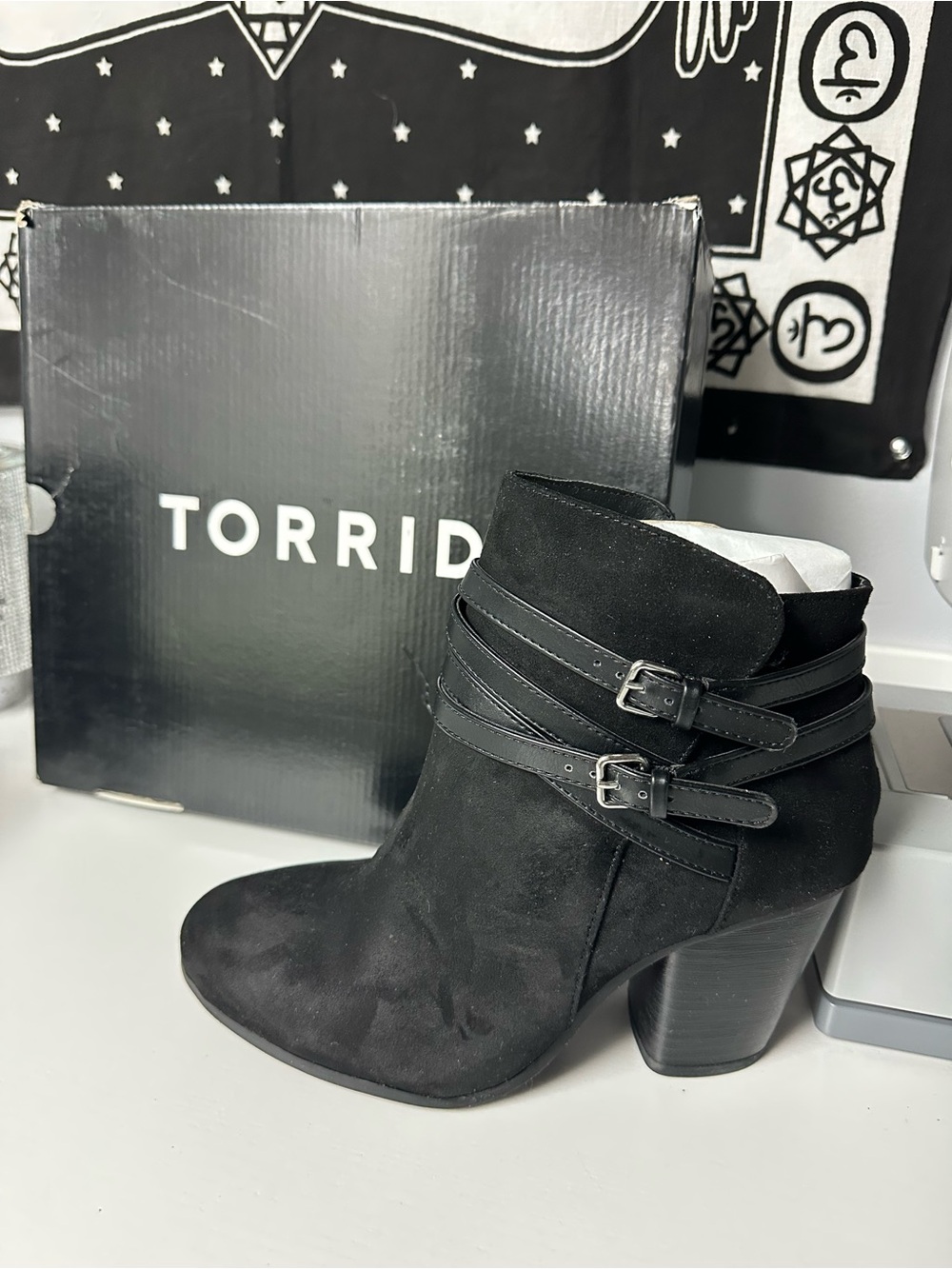torrid Black Suede Ankle Boots with Double Strap Buckles
